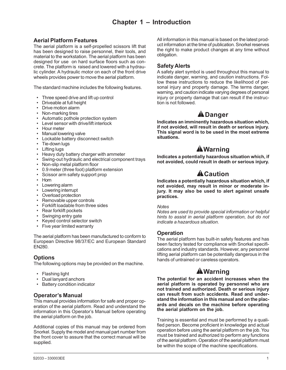 Chapter 1 – introduction, Danger, Warning | Caution | Snorkel S2033CE User Manual | Page 5 / 54