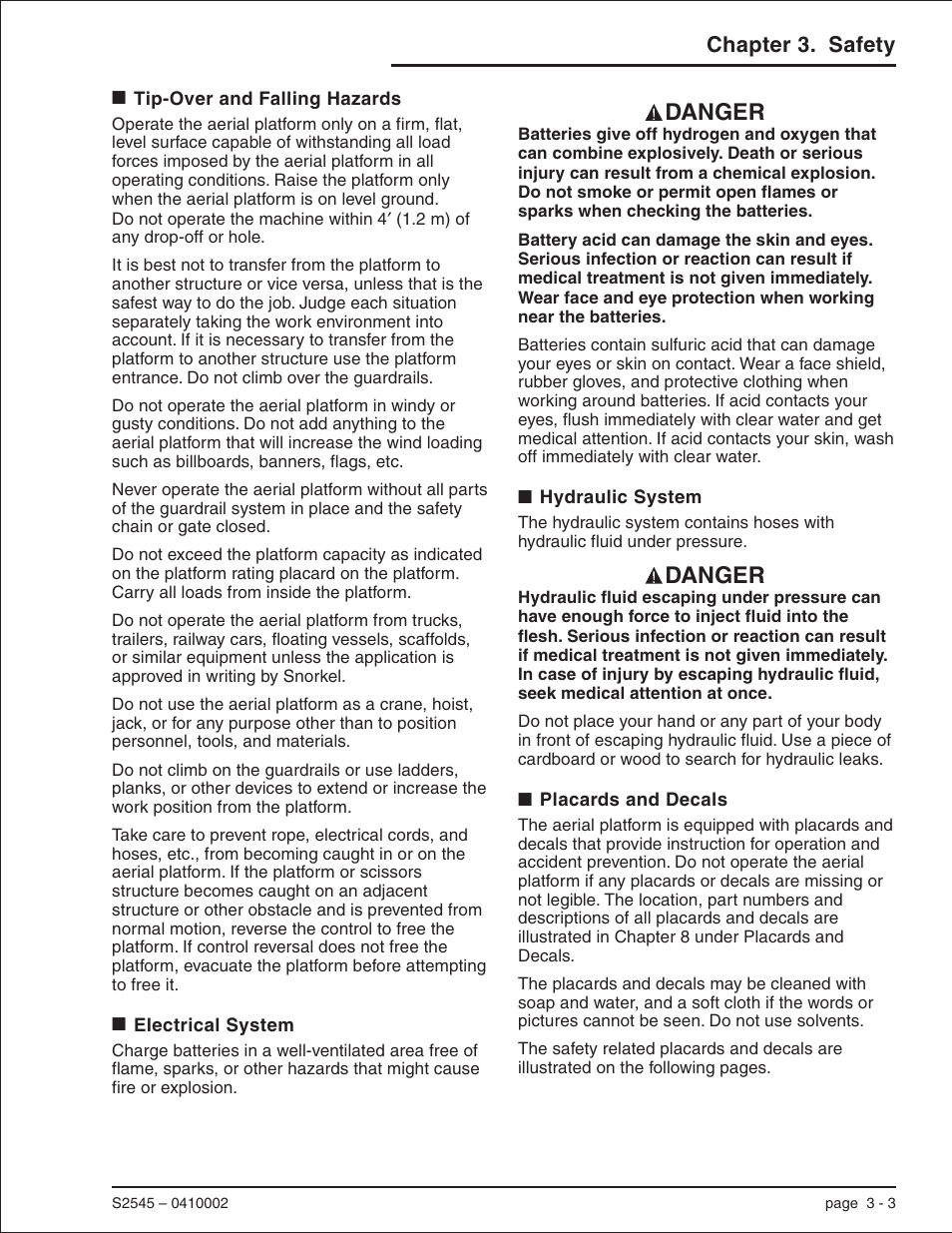 Tip-over and falling hazards 3-3, Electrical system 3-3, Hydraulic system 3-3 | Placards and decals 3-3, Hydraulic system, 3-3, 8-3, Level ground, 3-3, Placards and decals, 3-3, 8-10, Cleaning, 3-3, Platform capacity, 3-3, Tip-over and falling hazards, 3-3 | Snorkel S2545 User Manual | Page 11 / 53