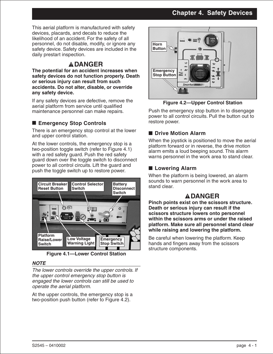 Chapter 4. safety devices, Emergency stop controls 4-1, Drive motion alarm 4-1 | Lowering alarm 4-1, Drive motion alarm, 4-1, 8-9, Controls, 4-1, Lower controls, 4-1, 7-1, 9-1, Lowering alarm, 4-1, 8-5, 8-9, Upper controls, 4-1, 7-2, 9-1, Danger | Snorkel S2545 User Manual | Page 15 / 53
