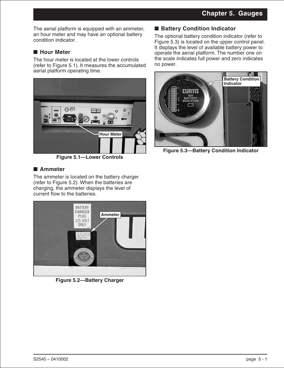 Chapter 5. gauges, Hour meter 5-1, Ammeter 5-1 | Battery condition indicator 5-1, Ammeter, 5-1, 6-1, Hour meter, 5-1 | Snorkel S2545 User Manual | Page 19 / 53