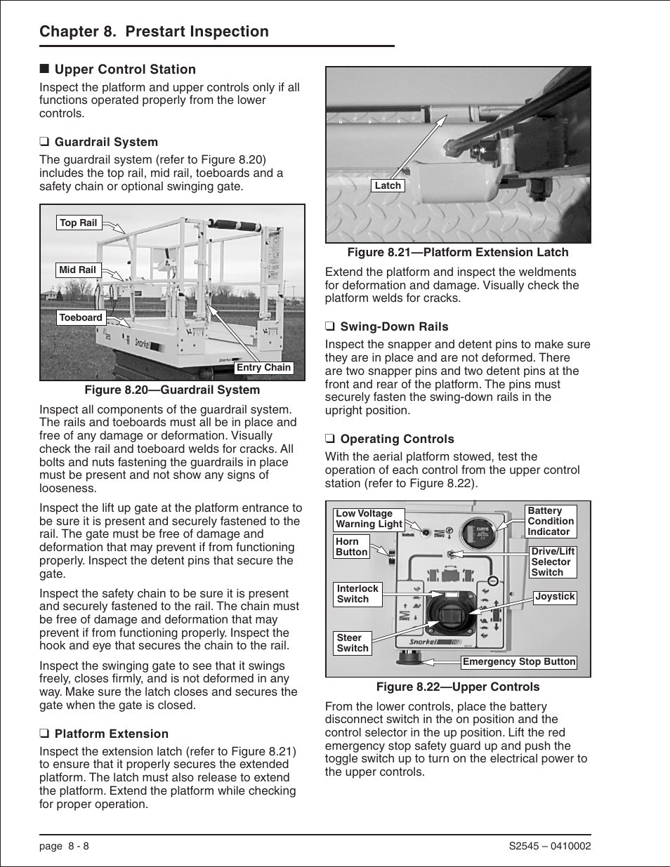 Upper control station 8-8, Guardrail system 8-8, Platform extension 8-8 | Swing-down rails 8-8, Operating controls 8-8, Guardrail system, 8-8, Mid rail, 8-8, Safety chain, 8-8, Swinging gate, 8-8, Toeboards, 8-8 | Snorkel S2545 User Manual | Page 32 / 53