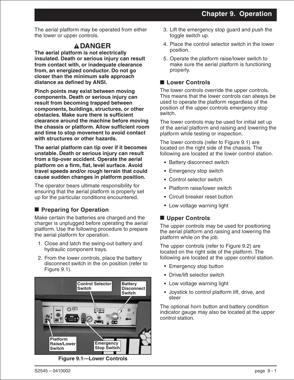 Chapter 9. operation, Preparing for operation 9-1, Lower controls 9-1 | Upper controls 9-1, Preparing for operation, 9-1, 9-2, Danger | Snorkel S2545 User Manual | Page 37 / 53