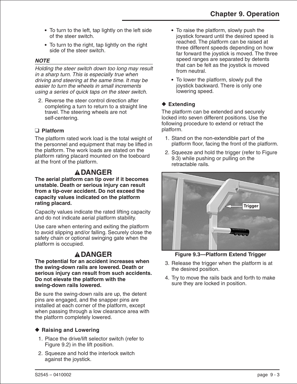 Platform 9-3, Raising and lowering 9-3, Extending 9-3 | Platform, 9-3, Raising and lowering, 9-3, Platform extend trigger, 9-3, Rated work load, 9-3, Platform -3, Raising and lowering -3 extending -3, Danger | Snorkel S2545 User Manual | Page 39 / 53