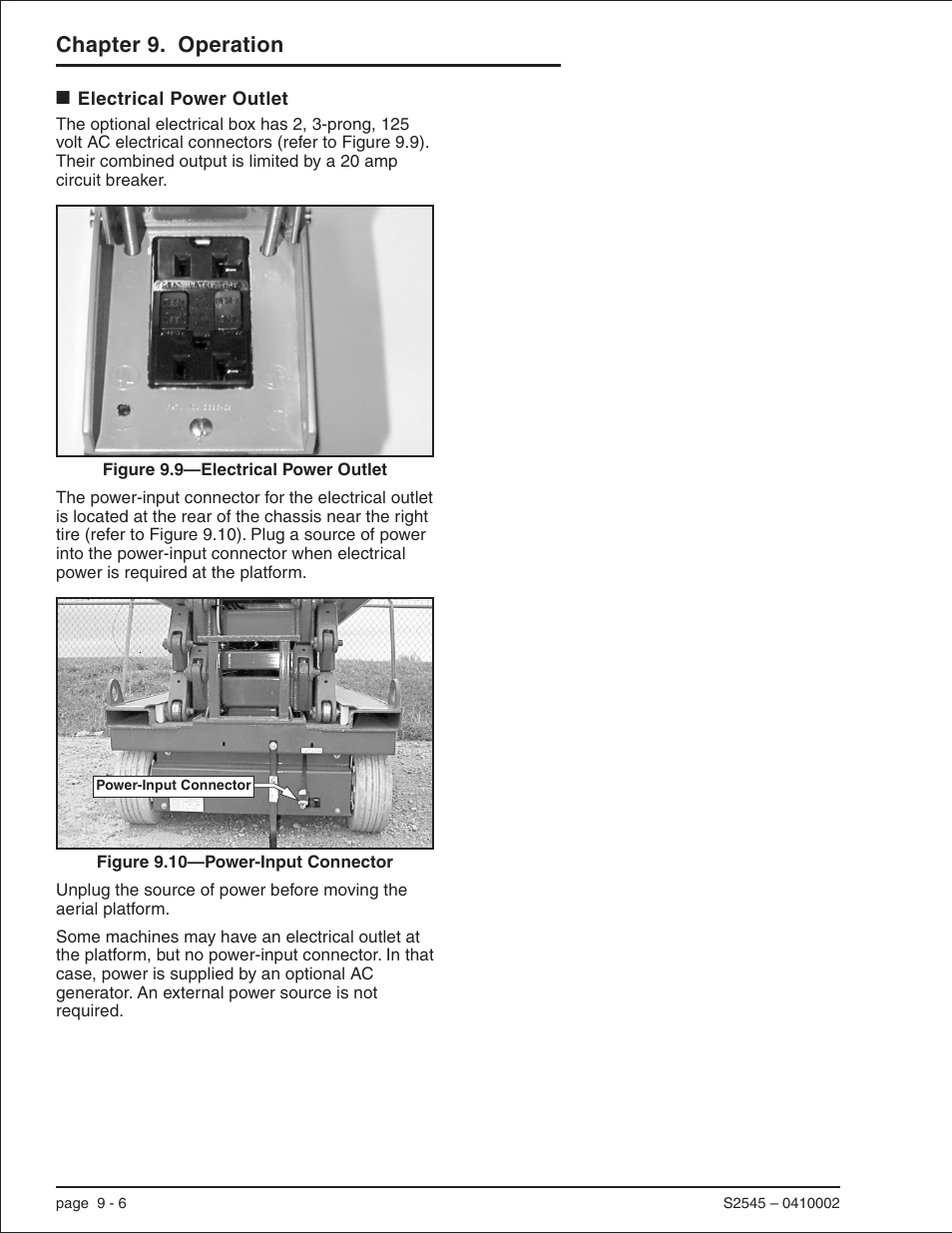 Electrical power outlet 9-6, Power-input connector, 9-6, Electrical power outlet -6 | Chapter 9. operation | Snorkel S2545 User Manual | Page 42 / 53