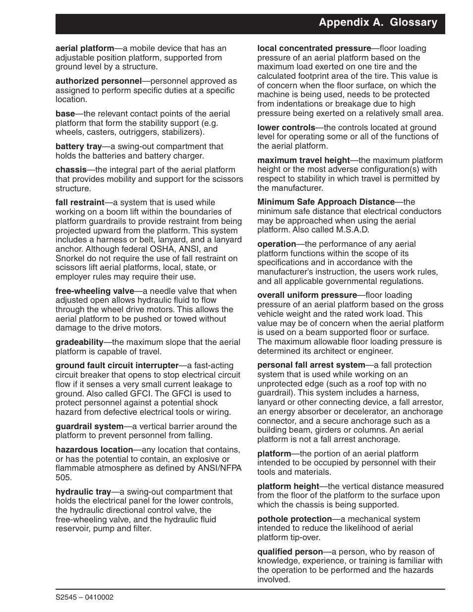 Appendix a. glossary | Snorkel S2545 User Manual | Page 49 / 53