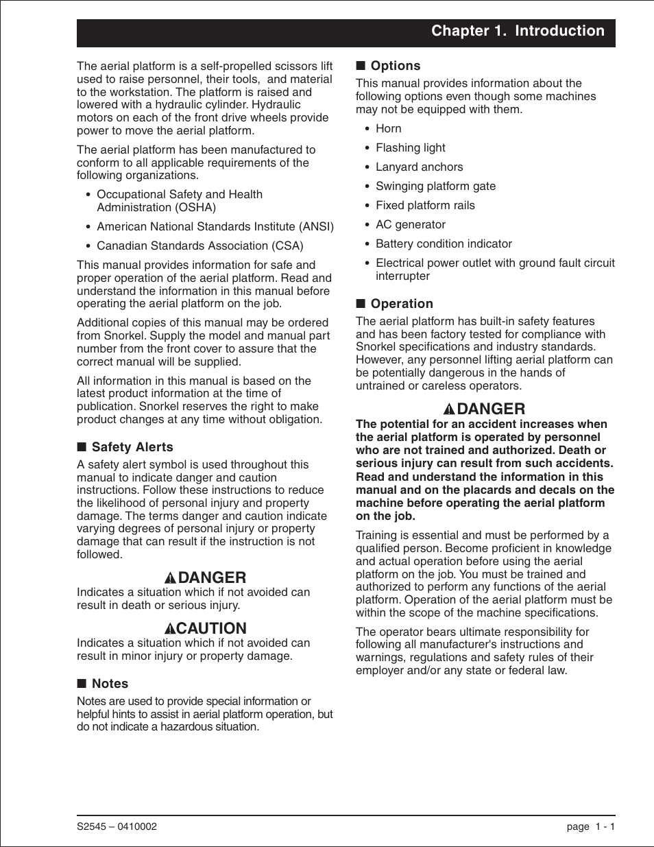 Chapter 1. introduction, Safety alerts 1-1, Notes 1-1 | Options 1-1, Operation 1-1, Ac generator, 1-1, American national standards institute (ansi), 1-1, Canadian standards association (csa), 1-1, Electrical power, 1-1, Flashing light, 1-1, 4-4, 8-7 | Snorkel S2545 User Manual | Page 5 / 53