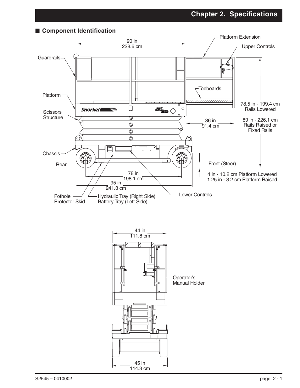 Chapter 2. specifications, Component identification 2-1, Component identification, 2-1 | Component identification -1 | Snorkel S2545 User Manual | Page 7 / 53