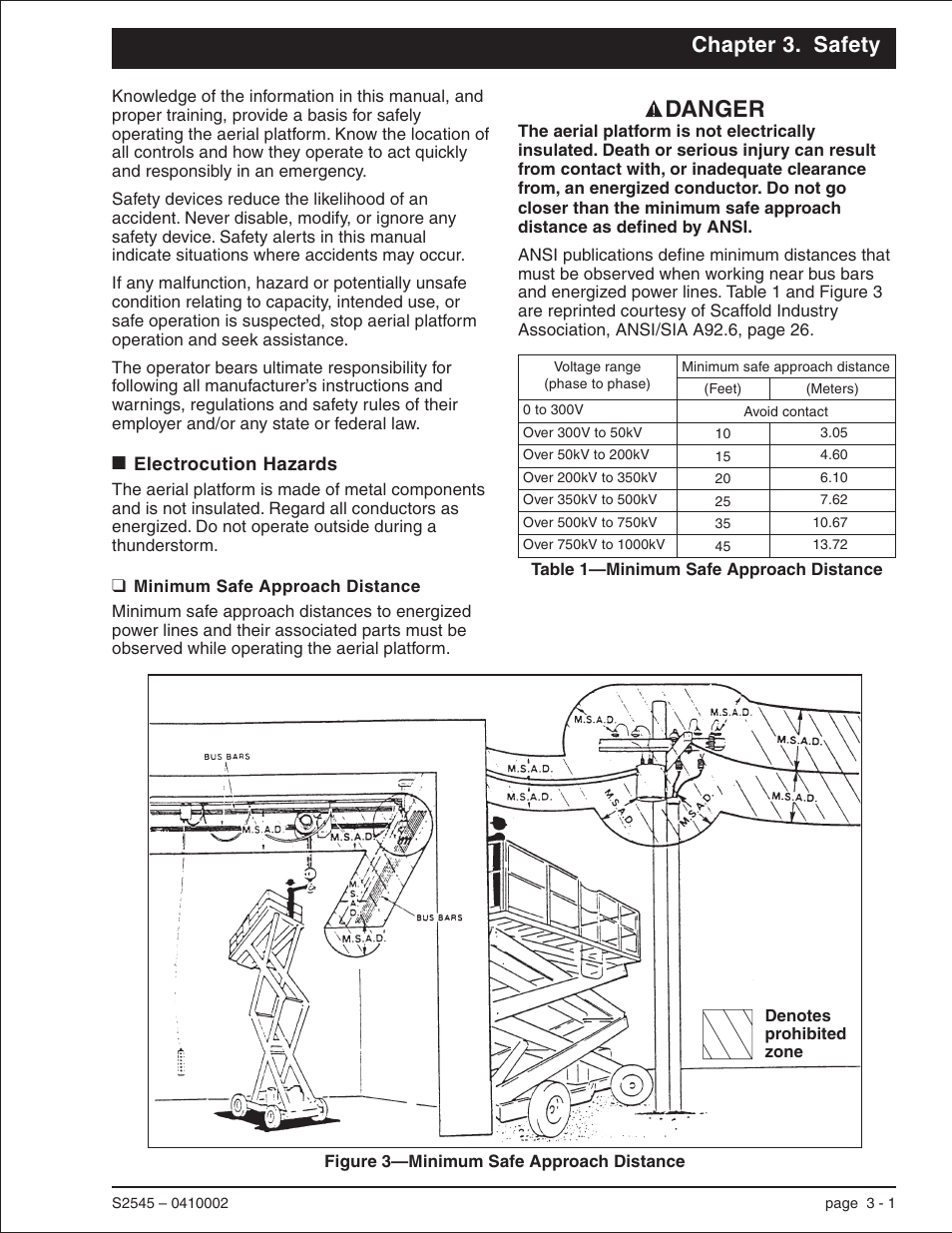 Chapter 3. safety, Electrocution hazards 3-1, Minimum safe approach distance 3-1 | Electrocution hazards, 3-1, Minimum safe approach distance, 3-1, Electrocution hazards -1, Minimum safe approach distance -1, Danger | Snorkel S2545 User Manual | Page 9 / 53