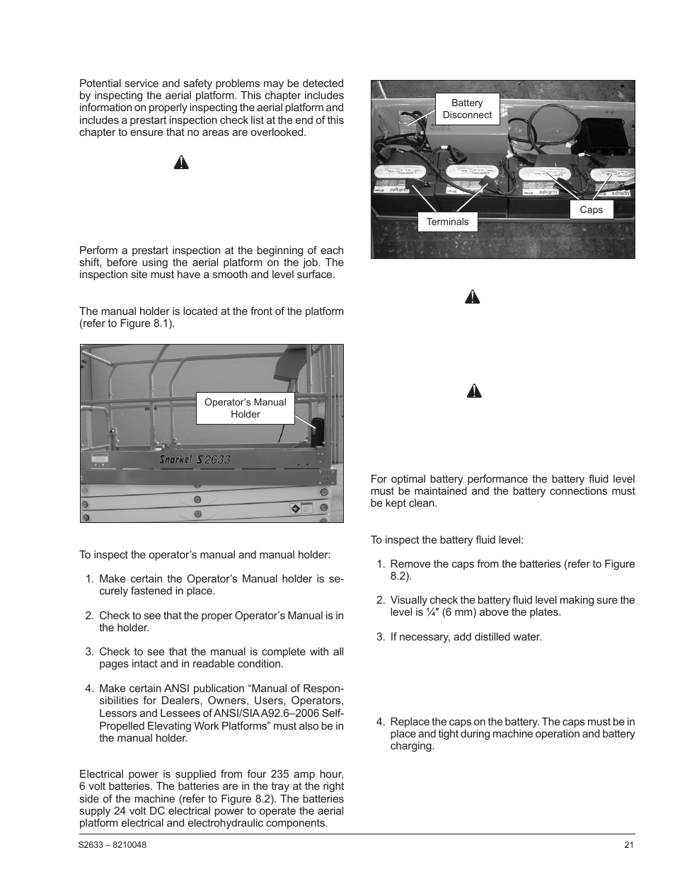 Warning, Chapter 8 – prestart inspection, Caution | Snorkel S2633 User Manual | Page 25 / 56