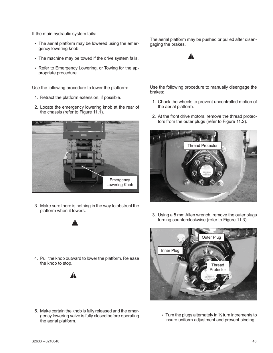Danger, Warning, Chapter 11 – emergency operation | Snorkel S2633 User Manual | Page 47 / 56