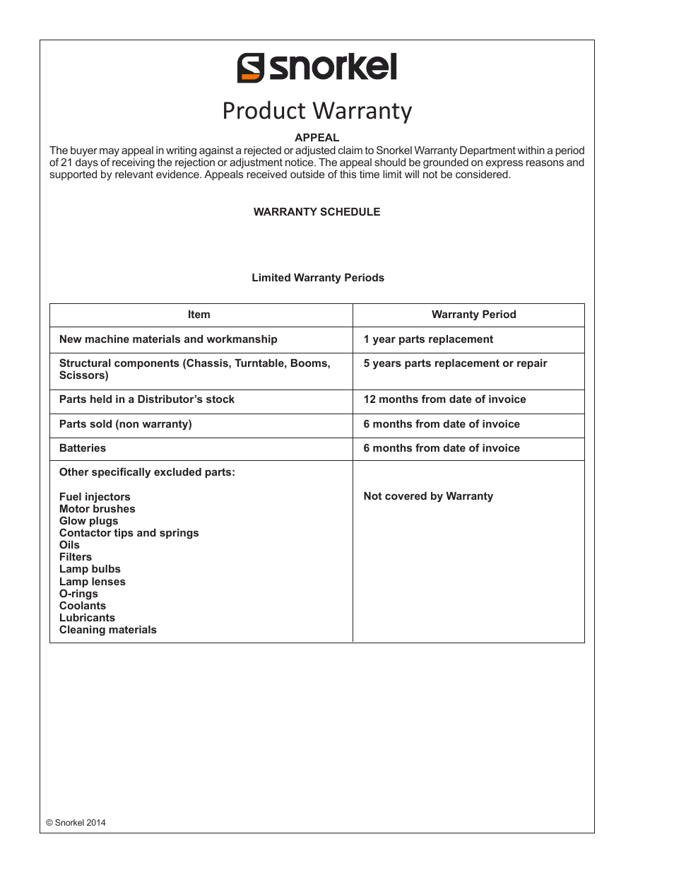 Product warranty | Snorkel S3246 CE User Manual | Page 58 / 60