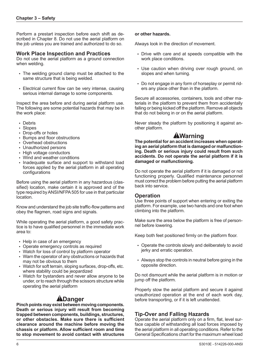 Danger, Warning, Work place inspection and practices | Operation, Tip-over and falling hazards | Snorkel S3010E User Manual | Page 10 / 56
