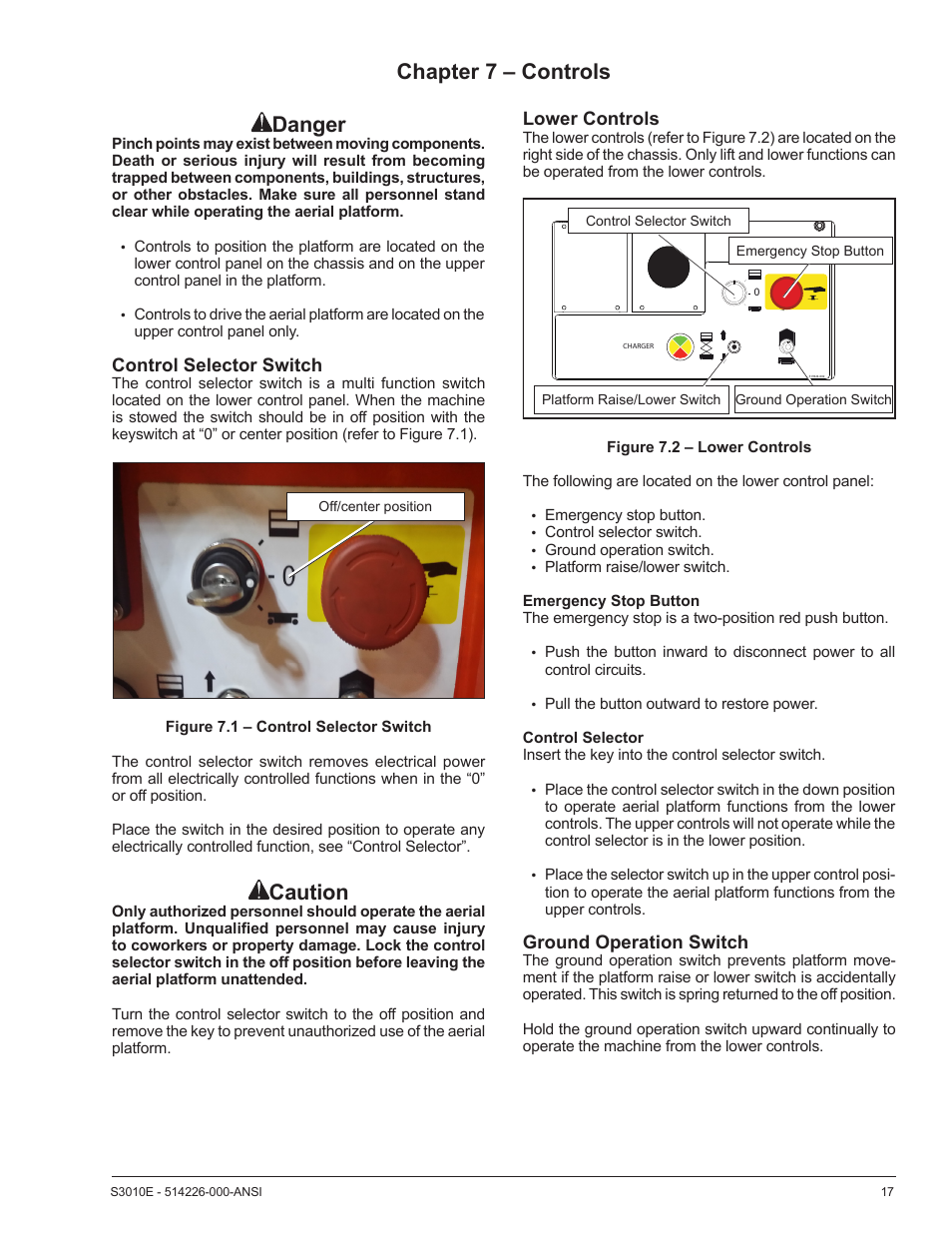 Chapter 7 – controls danger, Caution, Lower controls | Ground operation switch, Control selector switch | Snorkel S3010E User Manual | Page 21 / 56