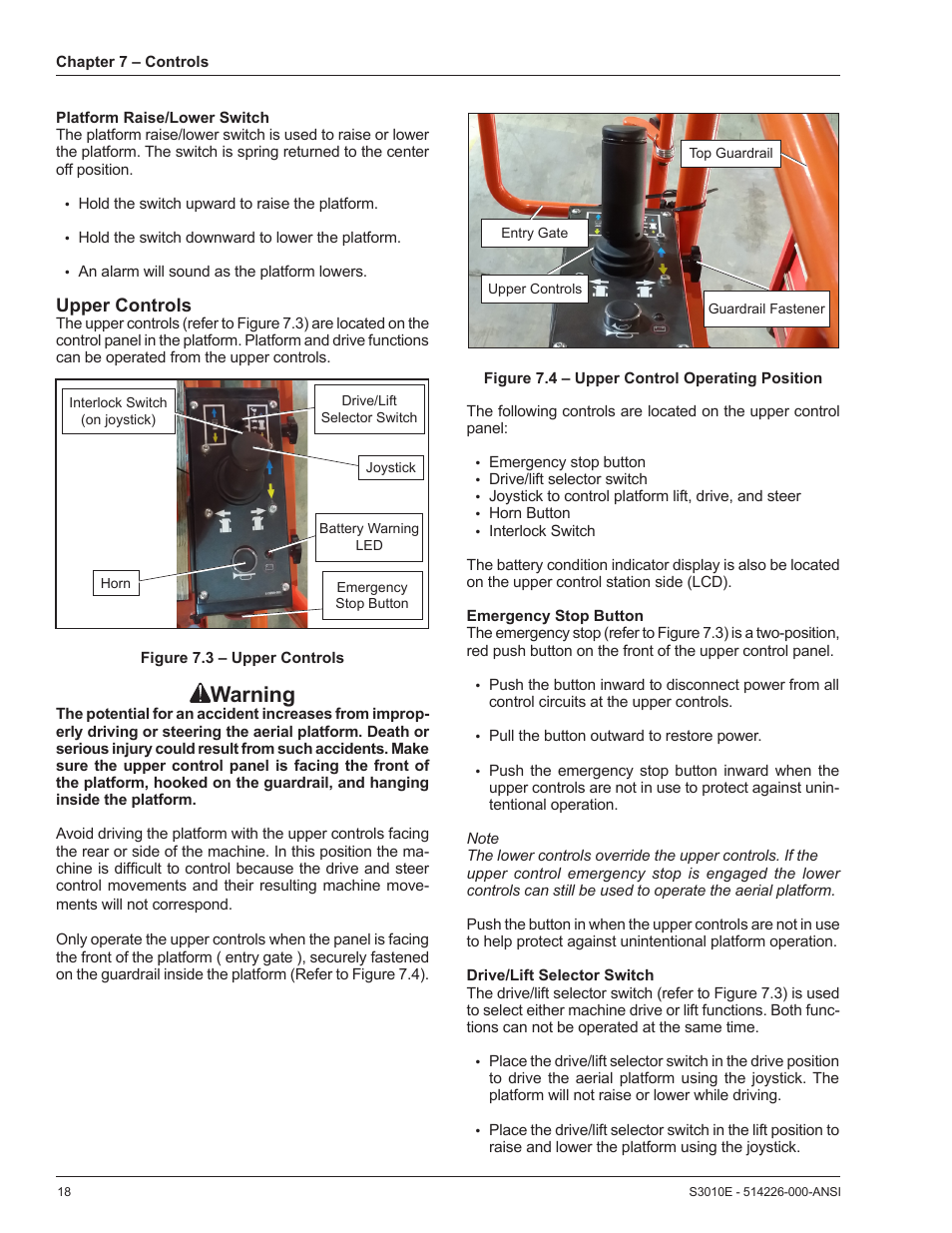 Warning, Upper controls | Snorkel S3010E User Manual | Page 22 / 56