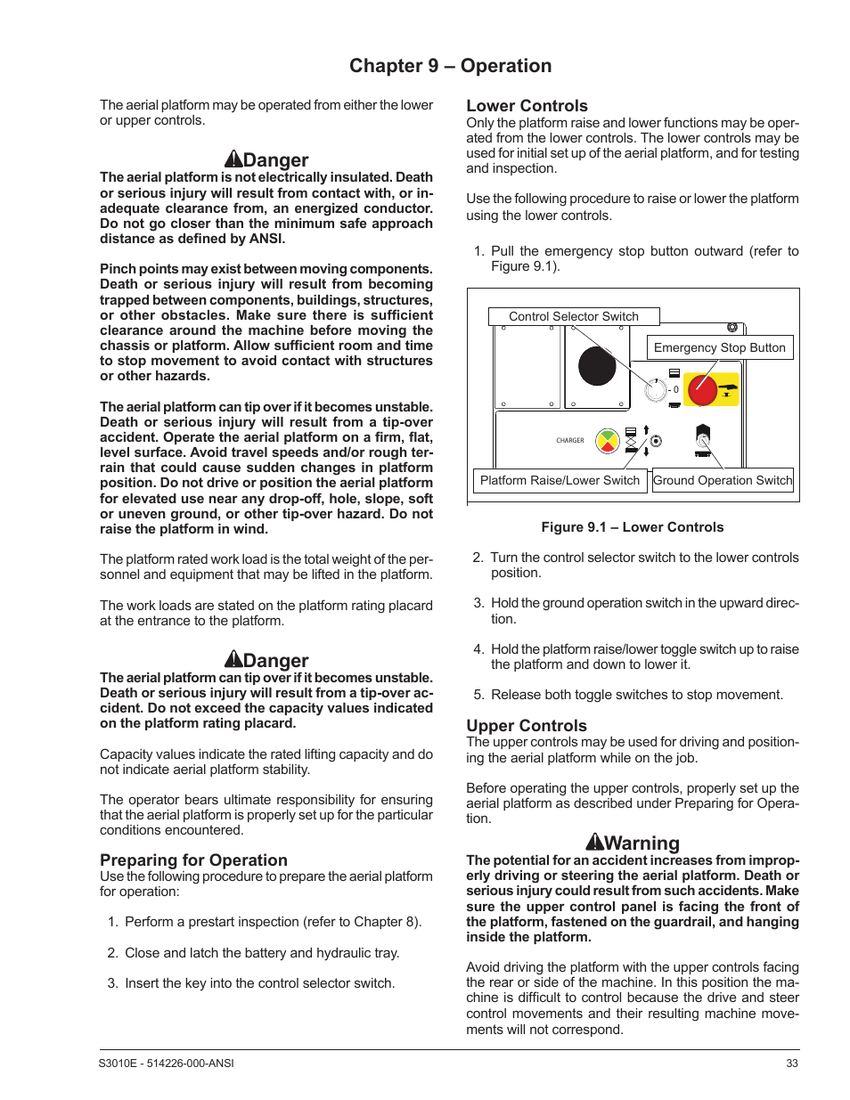 Chapter 9 – operation, Danger, Warning | Snorkel S3010E User Manual | Page 37 / 56