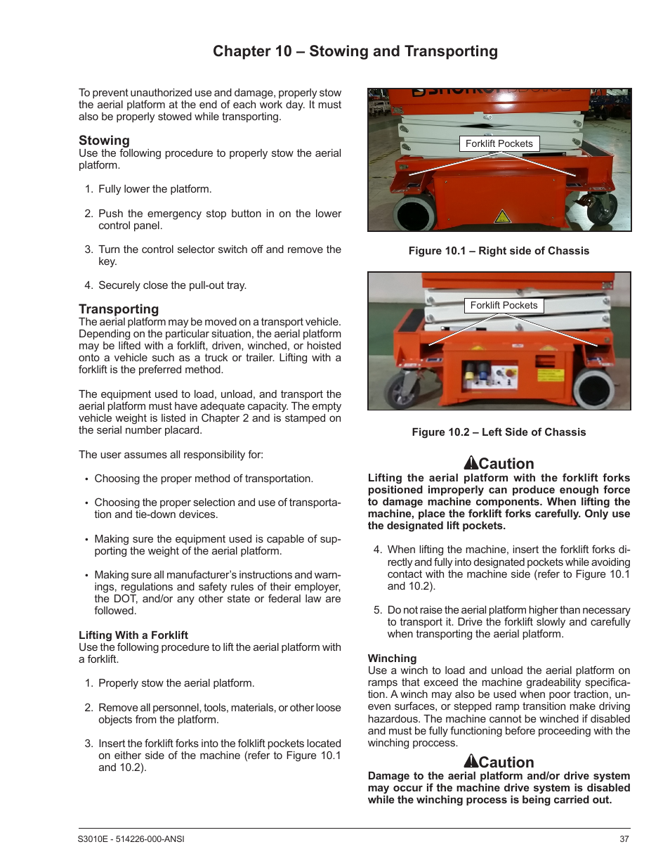 Chapter 10 – stowing and transporting, Caution | Snorkel S3010E User Manual | Page 41 / 56