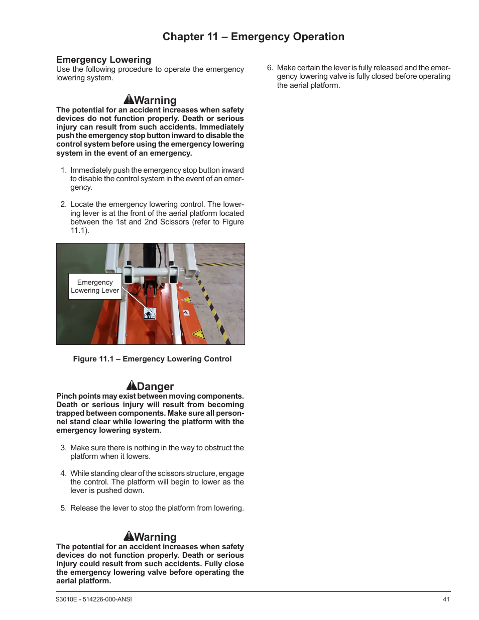 Warning, Danger, Chapter 11 – emergency operation | Snorkel S3010E User Manual | Page 45 / 56