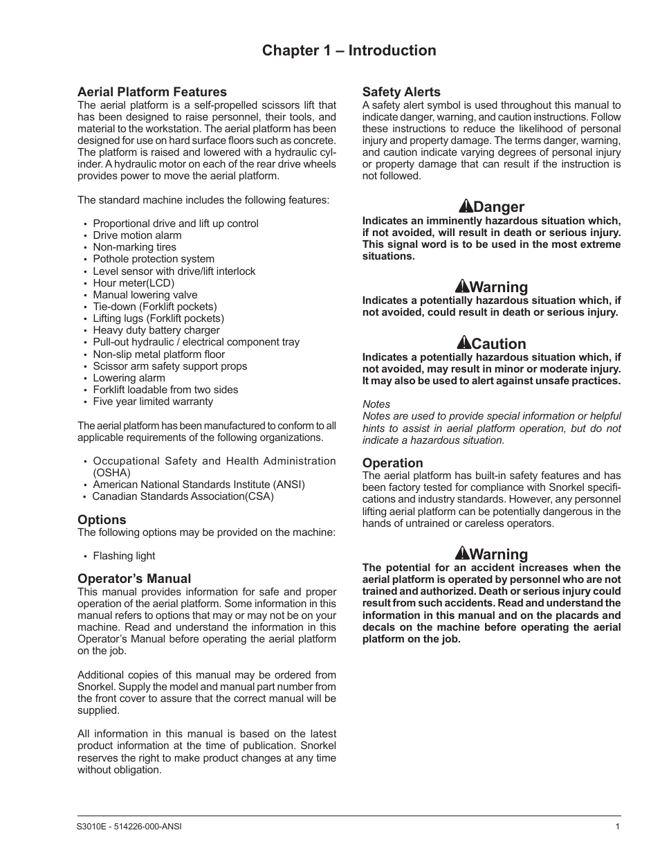 Chapter 1 – introduction, Danger, Warning | Caution, Aerial platform features, Options, Operator’s manual, Safety alerts, Operation | Snorkel S3010E User Manual | Page 5 / 56
