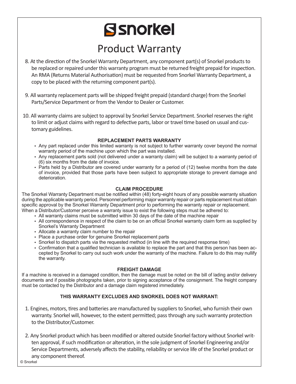Product warranty | Snorkel S3010E User Manual | Page 52 / 56