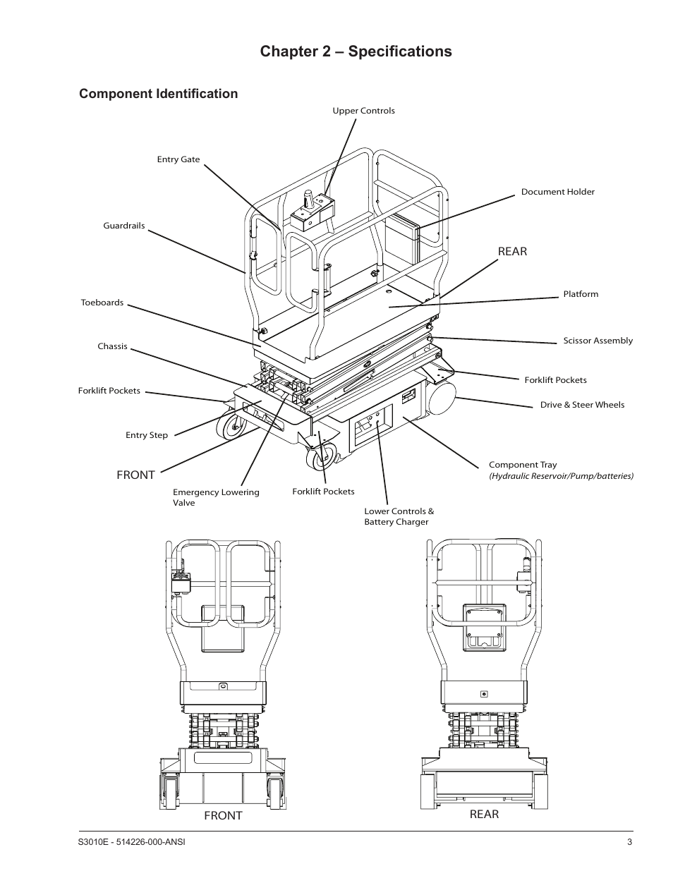 Chapter 2 – specifications, Component identification, Front rear front rear | Snorkel S3010E User Manual | Page 7 / 56