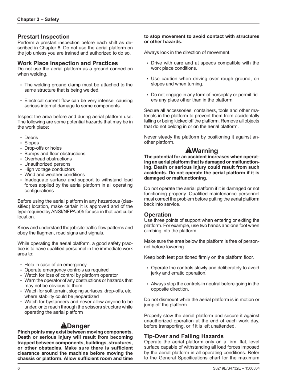 Prestart inspection, Work place inspection and practices, Operation | Tip-over and falling hazards, Danger, Warning | Snorkel S3219E-sn000000+ User Manual | Page 10 / 60