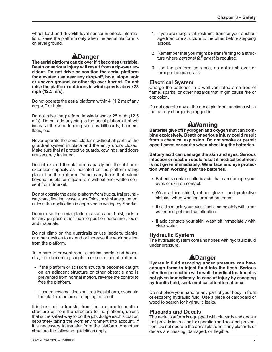 Electrical system, Hydraulic system, Placards and decals | Danger, Warning | Snorkel S3219E-sn000000+ User Manual | Page 11 / 60