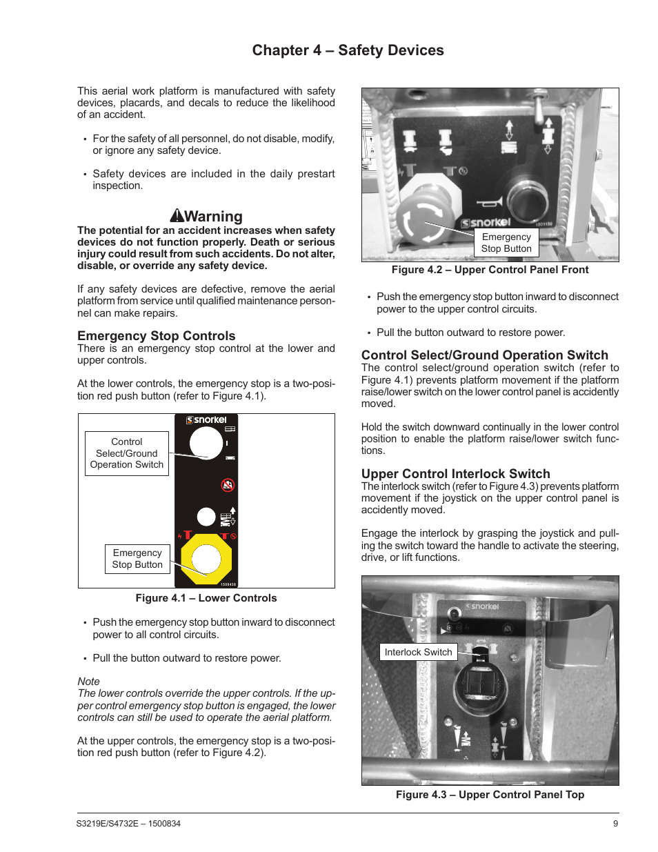 Chapter 4 – safety devices, Emergency stop controls, Control select/ground operation switch | Upper control interlock switch, Warning | Snorkel S3219E-sn000000+ User Manual | Page 13 / 60