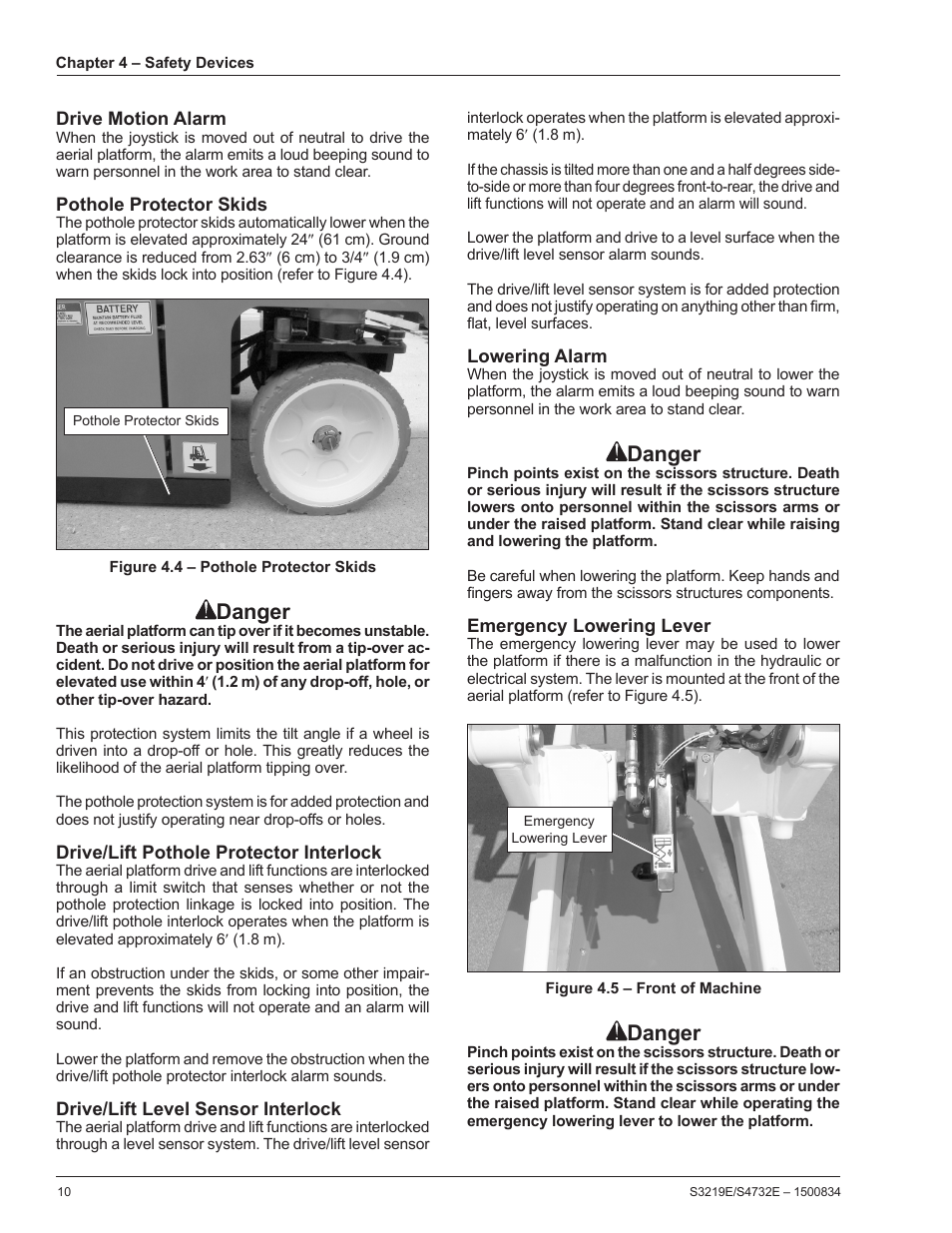 Drive motion alarm, Pothole protector skids, Drive/lift pothole protector interlock | Drive/lift level sensor interlock, Lowering alarm, Emergency lowering lever, Danger | Snorkel S3219E-sn000000+ User Manual | Page 14 / 60