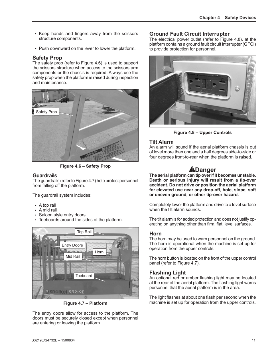 Safety prop, Guardrails, Ground fault circuit interrupter | Tilt alarm, Horn, Flashing light, Danger | Snorkel S3219E-sn000000+ User Manual | Page 15 / 60
