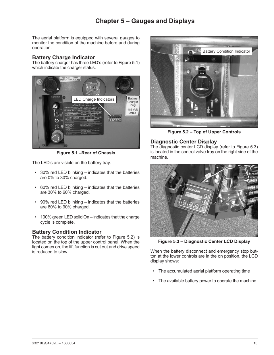 Chapter 5 – gauges and displays, Battery charge indicator, Battery condition indicator | Diagnostic center display | Snorkel S3219E-sn000000+ User Manual | Page 17 / 60