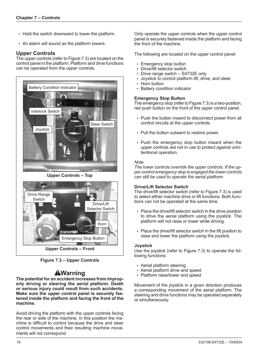 Upper controls, Emergency stop button, Drive/lift selector switch | Joystick, Warning | Snorkel S3219E-sn000000+ User Manual | Page 22 / 60