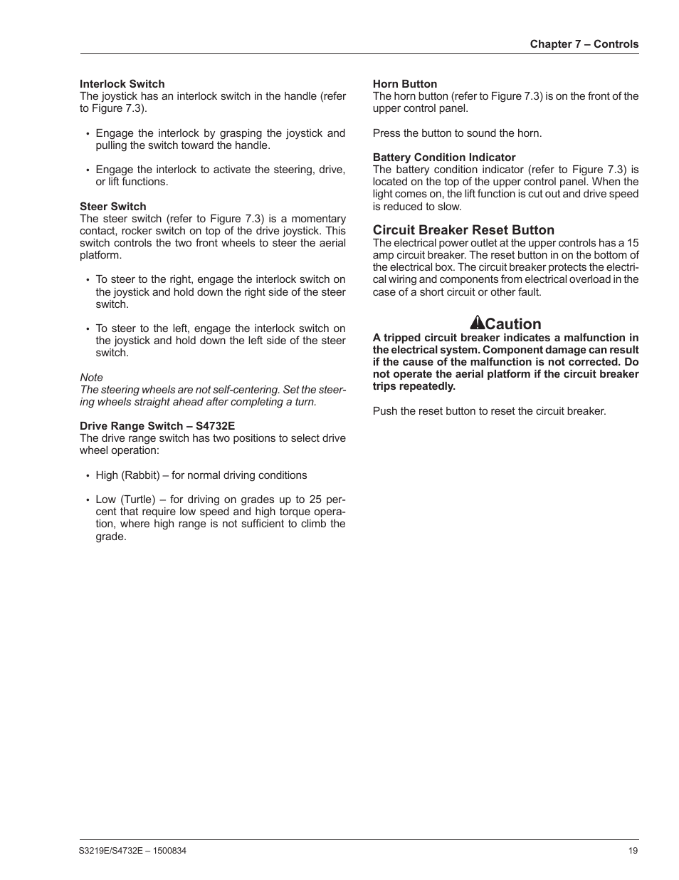 Interlock switch, Steer switch, Drive range switch – s4732e | Horn button, Battery condition indicator, Circuit breaker reset button, Caution | Snorkel S3219E-sn000000+ User Manual | Page 23 / 60