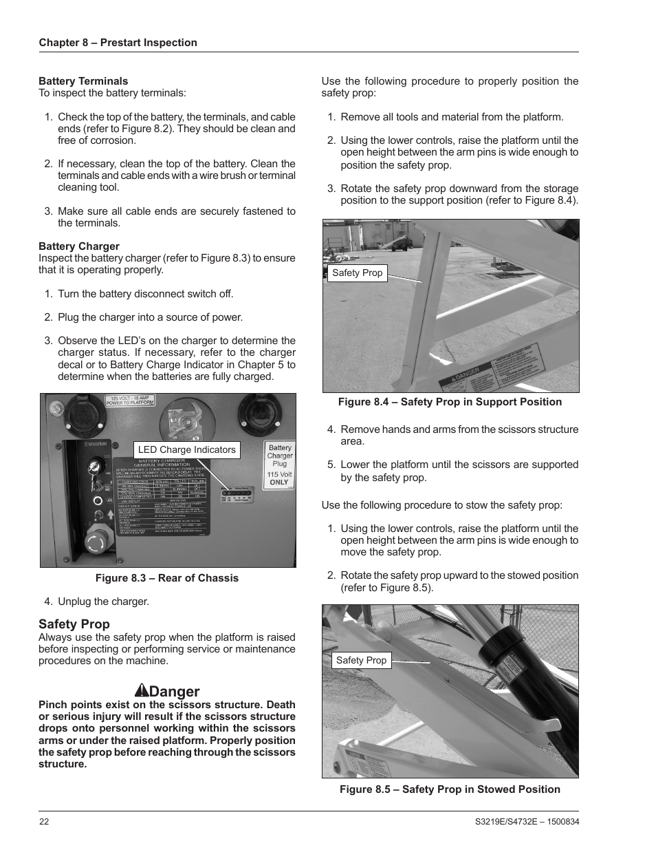 Battery terminals, Battery charger, Safety prop | Danger | Snorkel S3219E-sn000000+ User Manual | Page 26 / 60