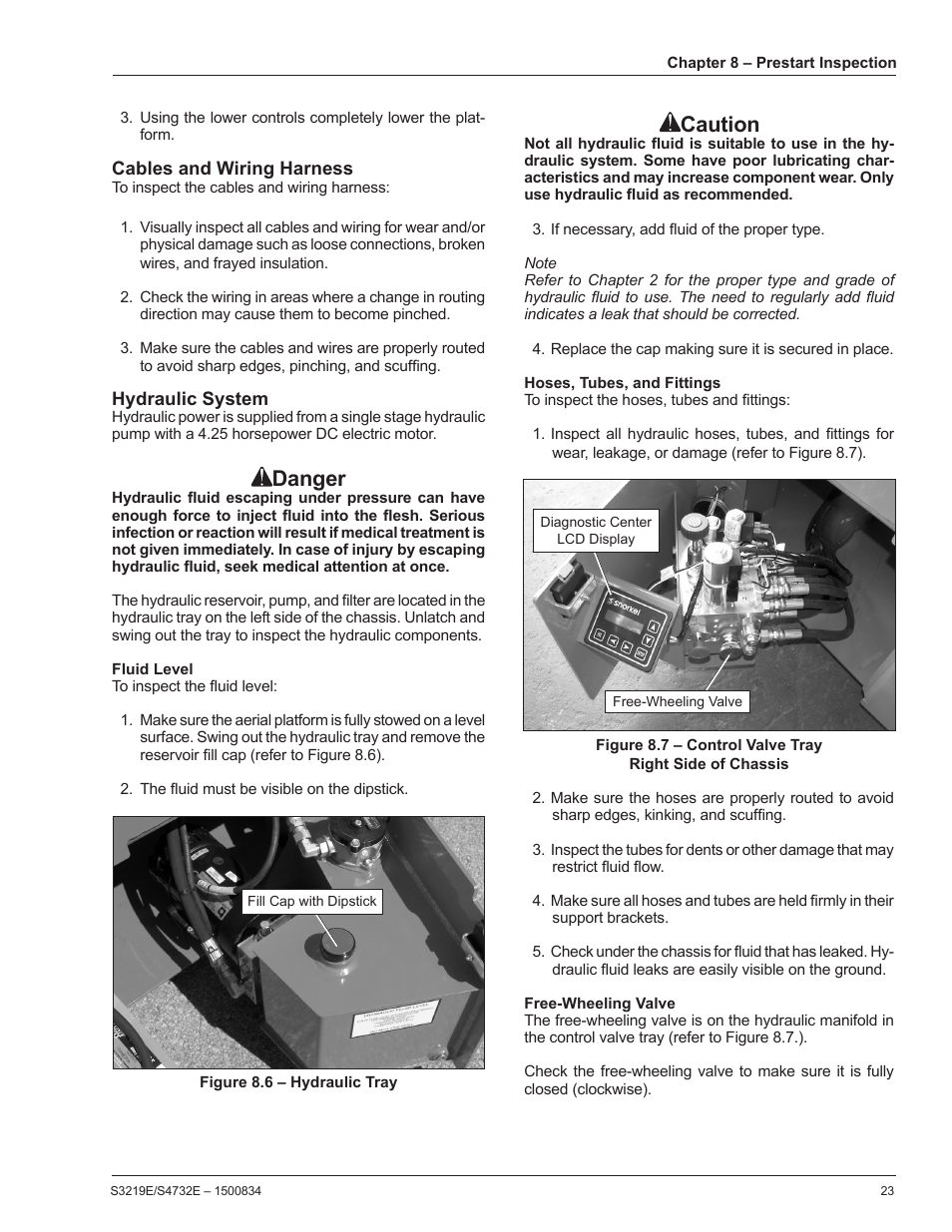 Cables and wiring harness, Hydraulic system, Fluid level | Hoses, tubes, and fittings, Free-wheeling valve, Caution, Danger | Snorkel S3219E-sn000000+ User Manual | Page 27 / 60