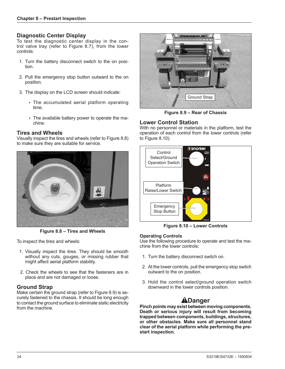 Diagnostic center display, Tires and wheels, Ground strap | Lower control station, Operating controls, Danger | Snorkel S3219E-sn000000+ User Manual | Page 28 / 60