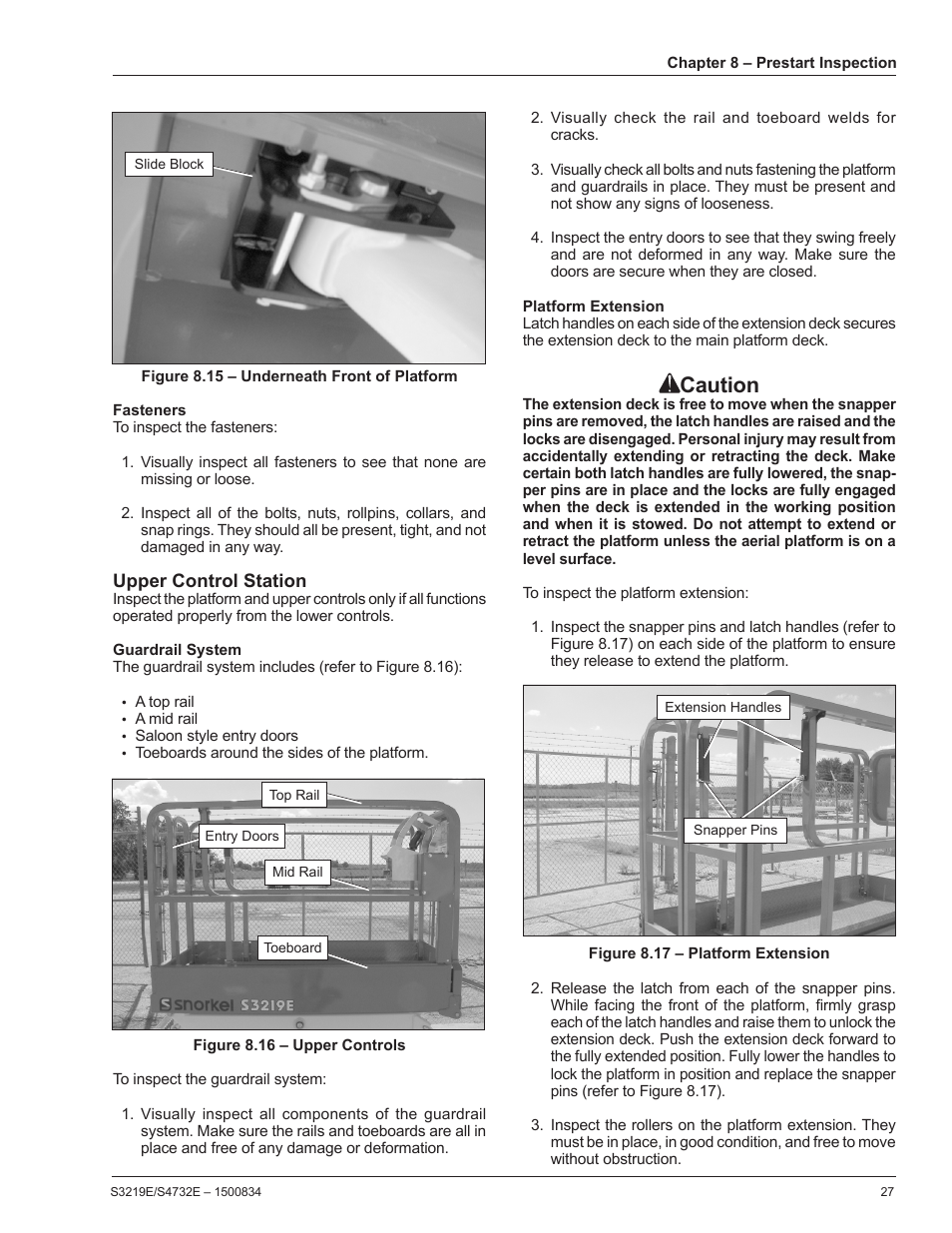 Fasteners, Upper control station, Guardrail system | Platform extension, Caution | Snorkel S3219E-sn000000+ User Manual | Page 31 / 60