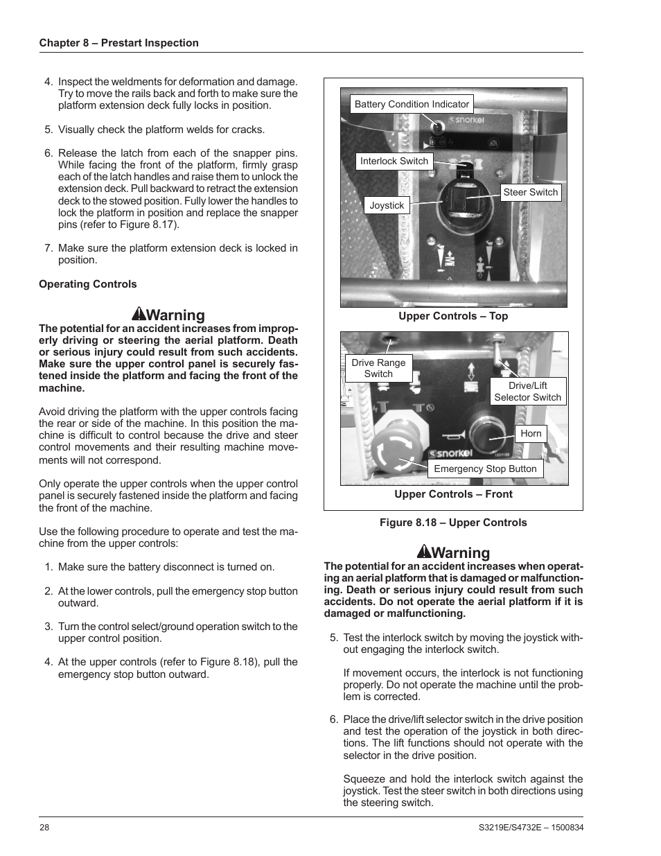 Operating controls, Warning | Snorkel S3219E-sn000000+ User Manual | Page 32 / 60