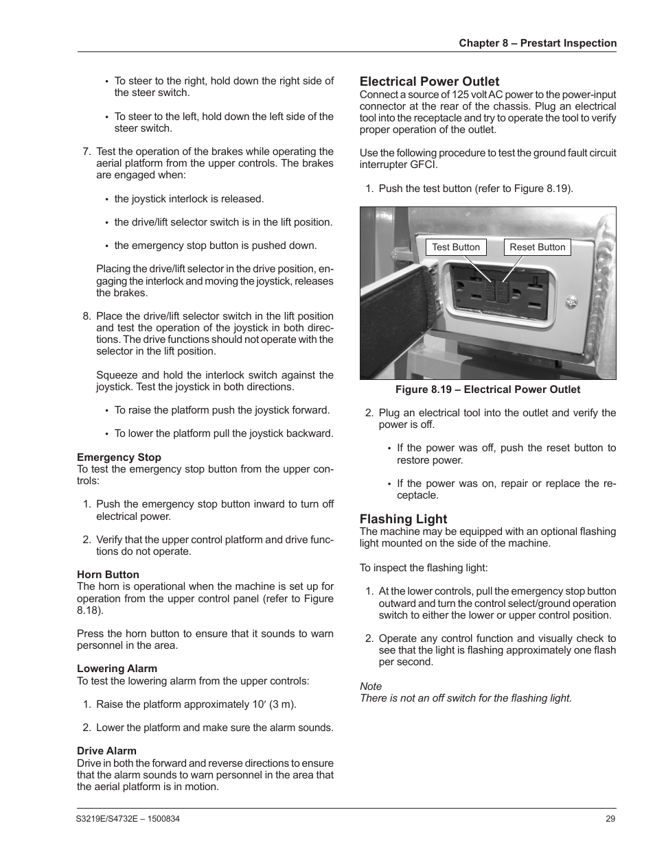 Emergency stop, Horn button, Lowering alarm | Drive alarm, Electrical power outlet, Flashing light | Snorkel S3219E-sn000000+ User Manual | Page 33 / 60