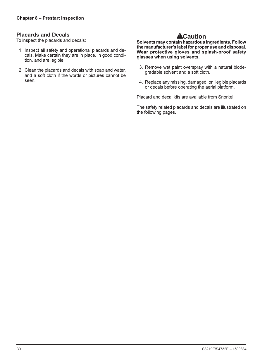 Placards and decals, Caution | Snorkel S3219E-sn000000+ User Manual | Page 34 / 60