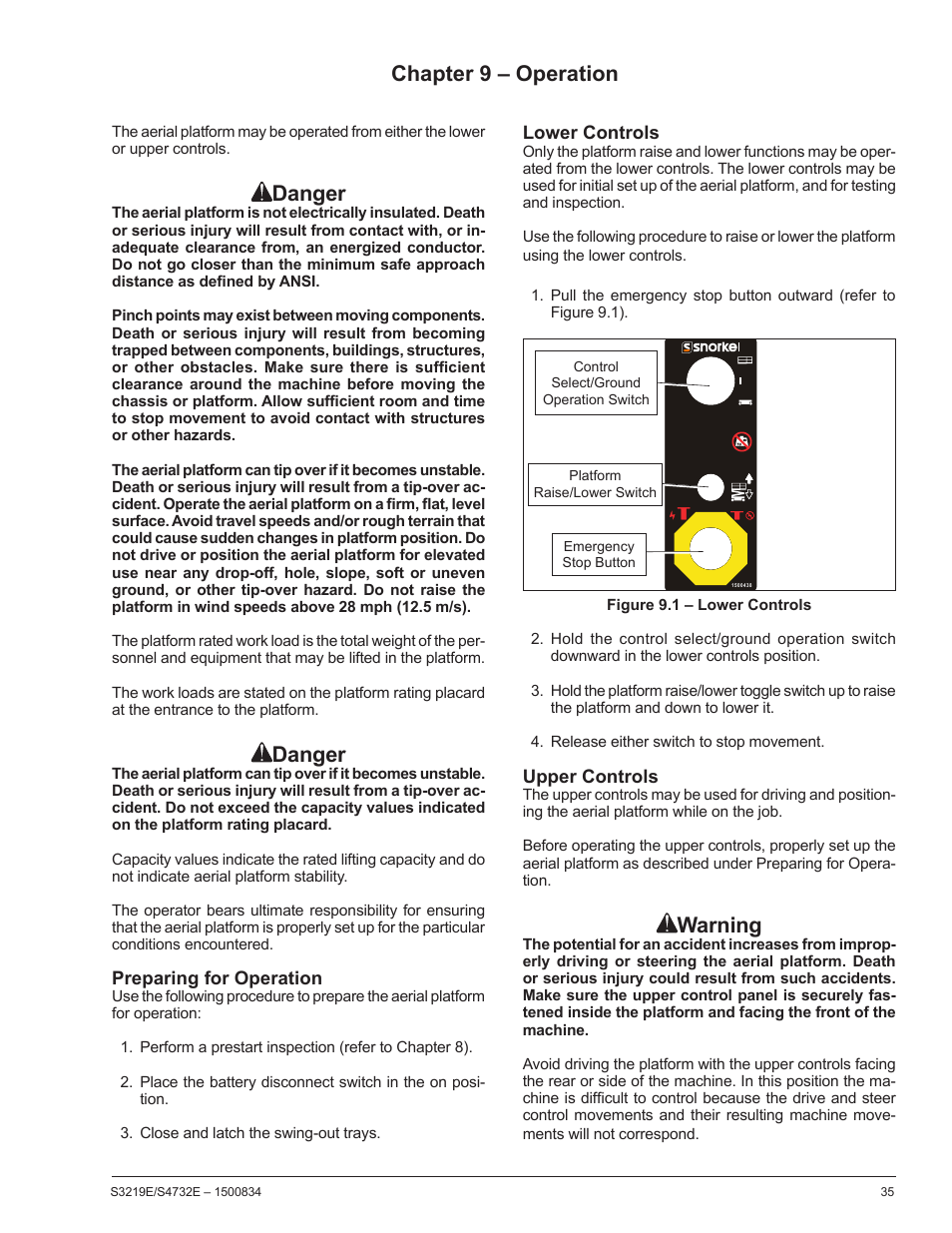 Chapter 9 – operation, Preparing for operation, Lower controls | Upper controls, Danger, Warning | Snorkel S3219E-sn000000+ User Manual | Page 39 / 60