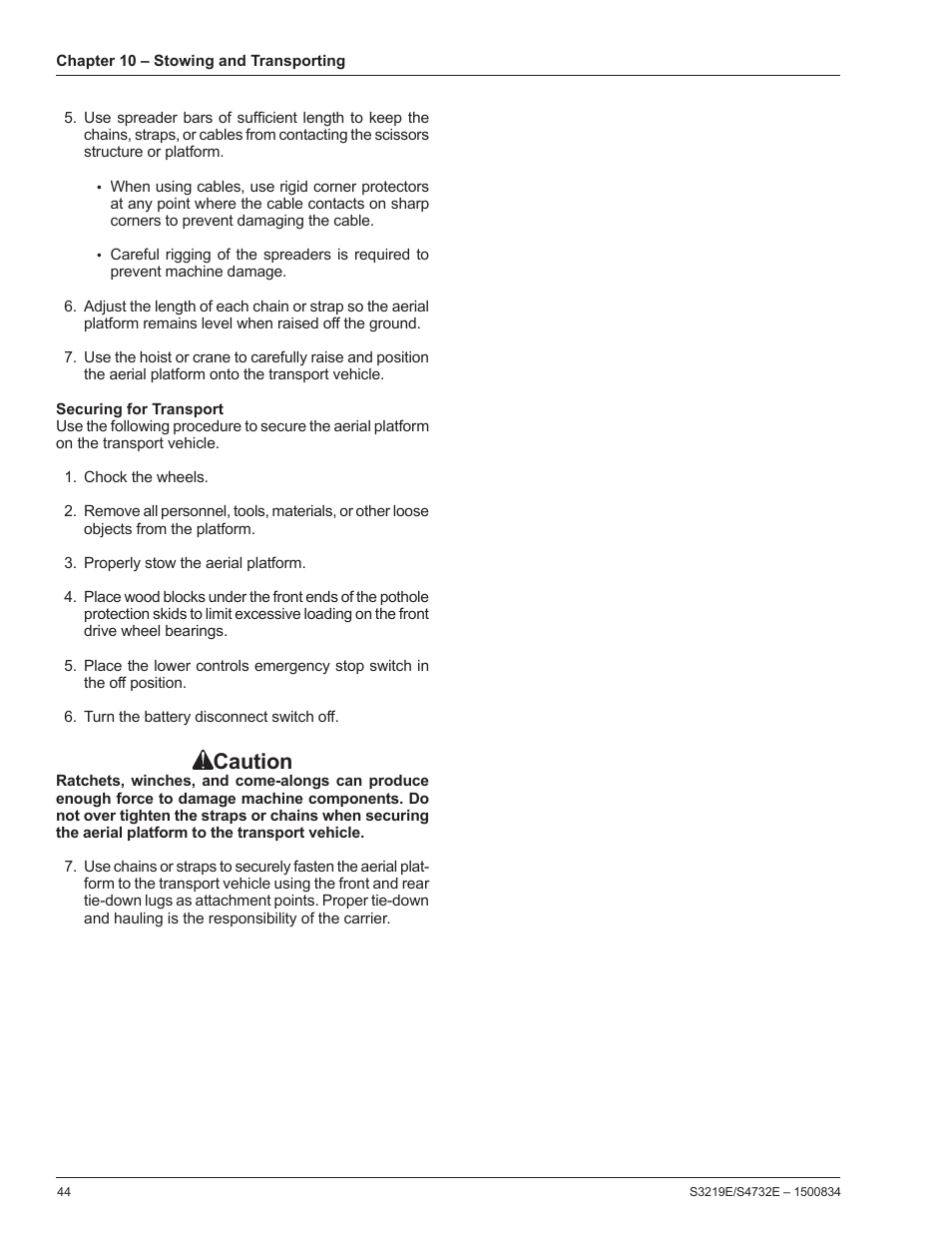 Securing for transport, Caution | Snorkel S3219E-sn000000+ User Manual | Page 48 / 60