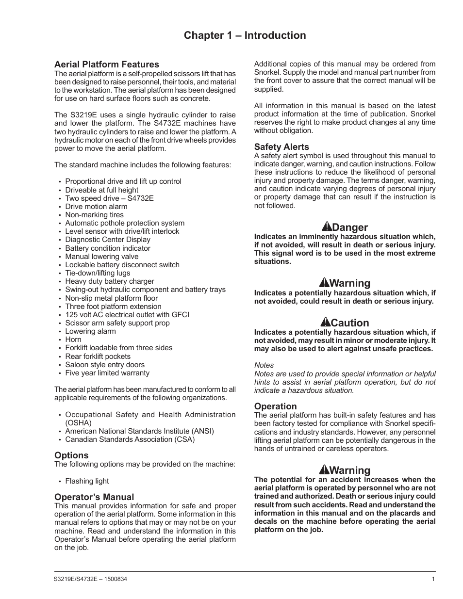 Chapter 1 – introduction, Aerial platform features, Options | Operator’s manual, Safety alerts, Operation, Danger, Warning, Caution | Snorkel S3219E-sn000000+ User Manual | Page 5 / 60