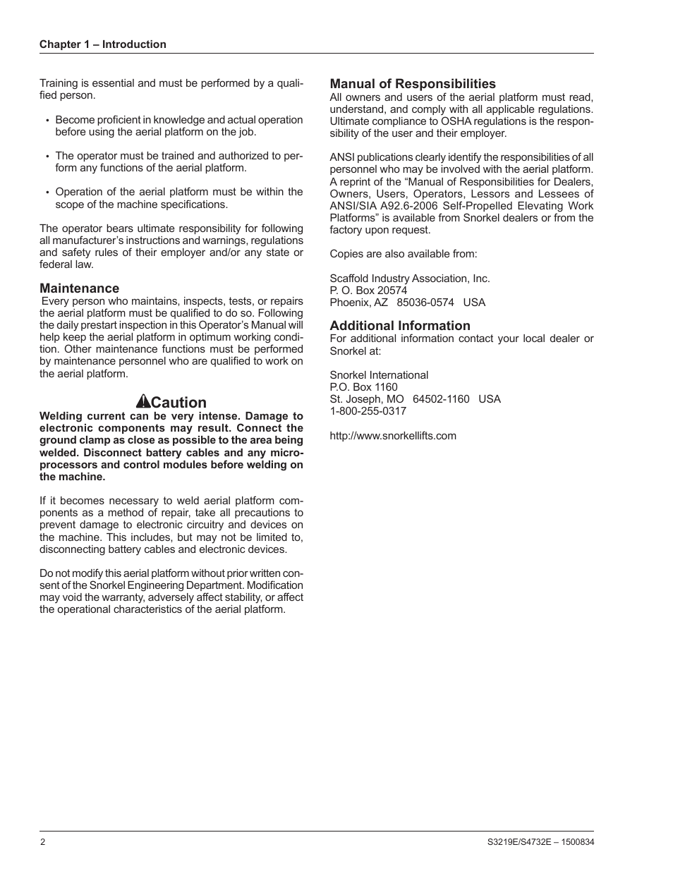 Maintenance, Manual of responsibilities, Additional information | Caution | Snorkel S3219E-sn000000+ User Manual | Page 6 / 60