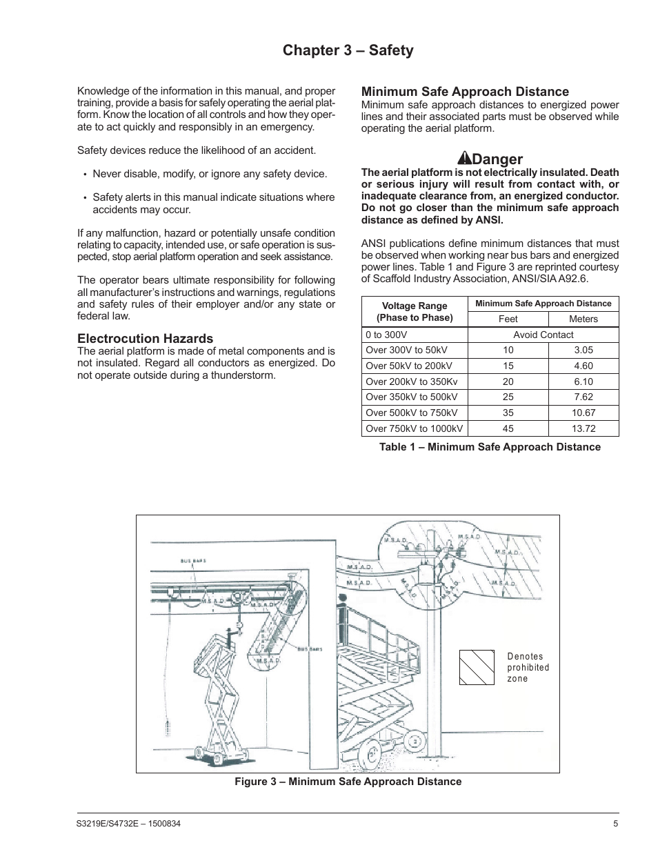 Chapter 3 – safety, Electrocution hazards, Minimum safe approach distance | Danger | Snorkel S3219E-sn000000+ User Manual | Page 9 / 60