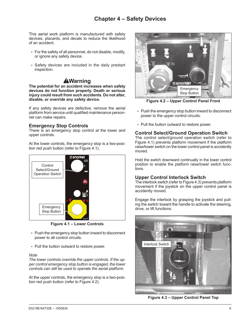 Chapter 4 – safety devices, Warning | Snorkel S3219E-sn000017+ User Manual | Page 13 / 60