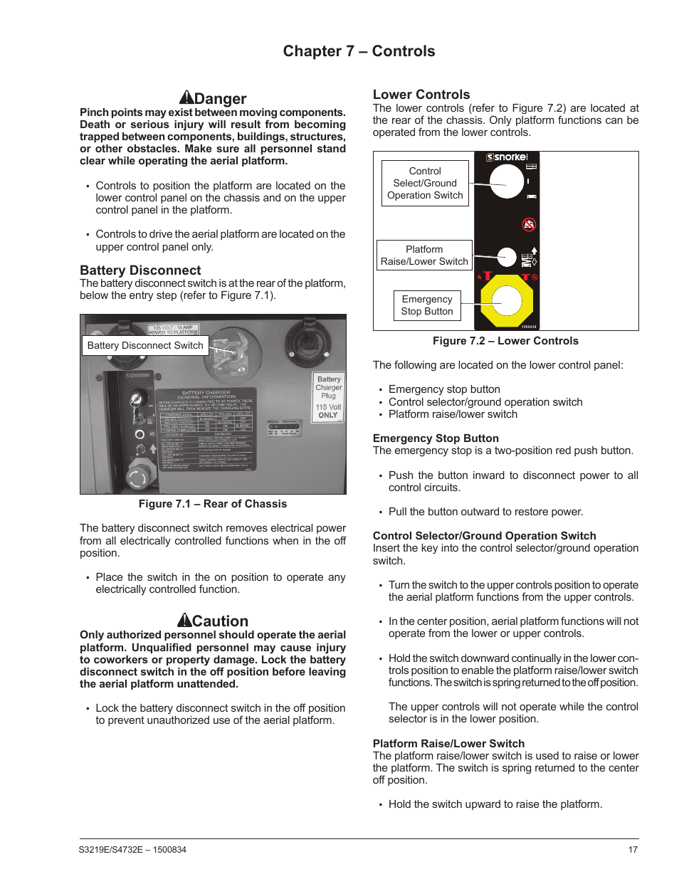 Chapter 7 – controls danger, Caution, Lower controls | Battery disconnect | Snorkel S3219E-sn000017+ User Manual | Page 21 / 60