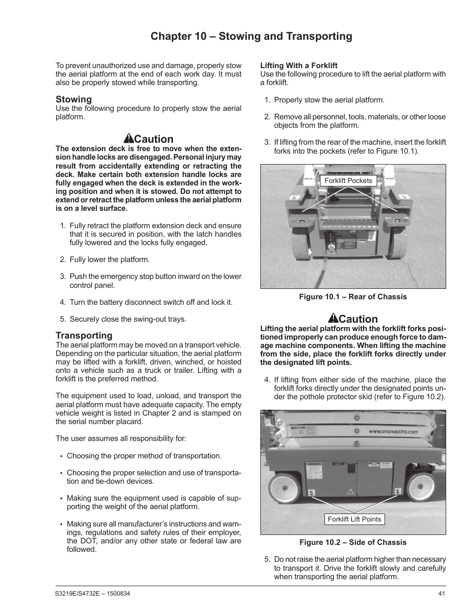 Chapter 10 – stowing and transporting, Caution | Snorkel S3219E-sn000017+ User Manual | Page 45 / 60