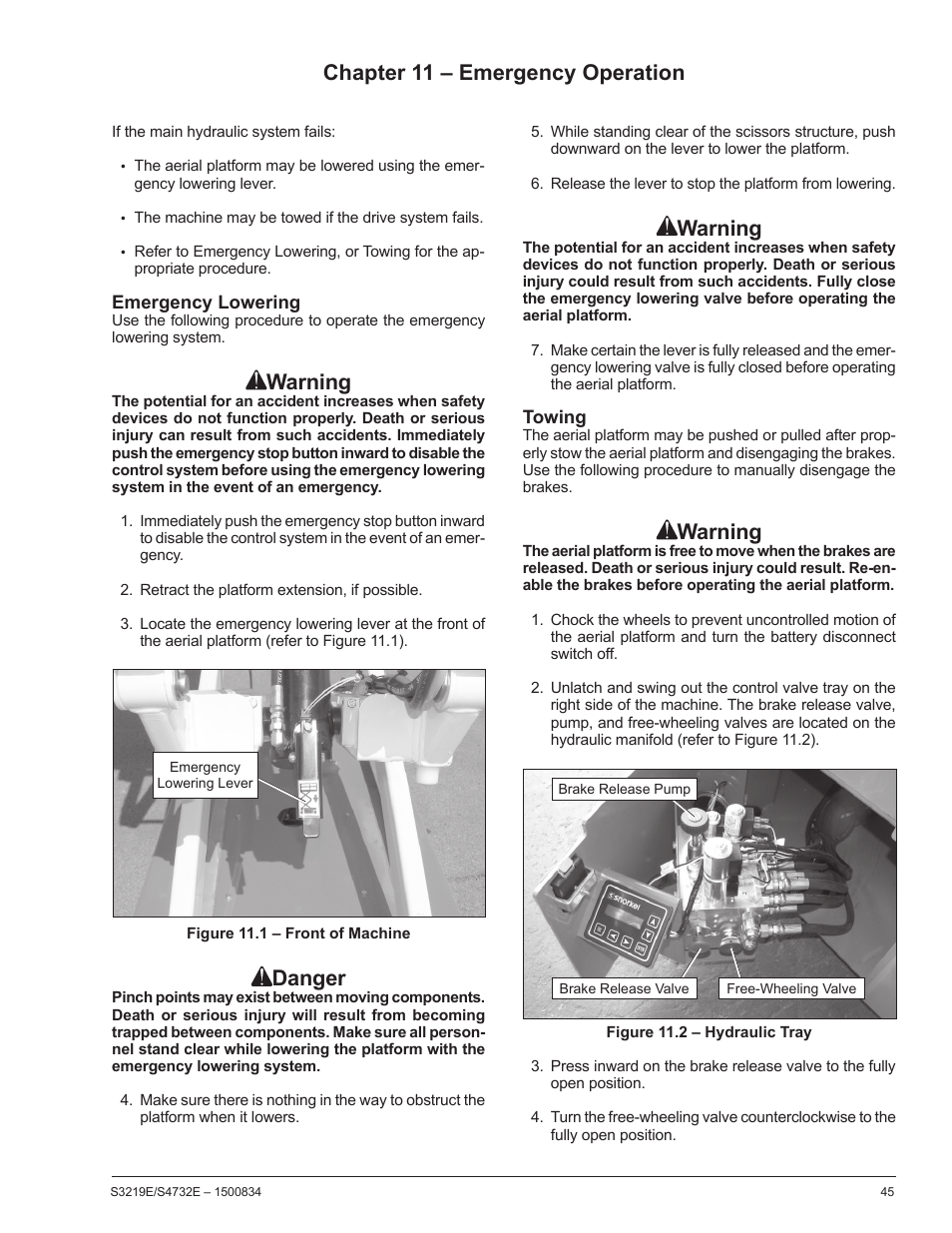 Warning, Danger, Chapter 11 – emergency operation | Snorkel S3219E-sn000017+ User Manual | Page 49 / 60