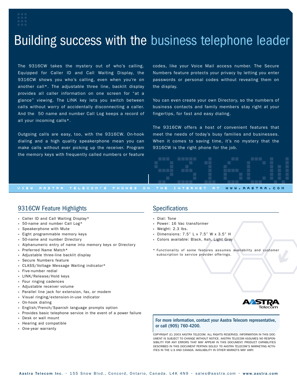 9316cw, 9316cw feature highlights, Specifications | Aastra Telecom 9316CW User Manual | Page 2 / 2