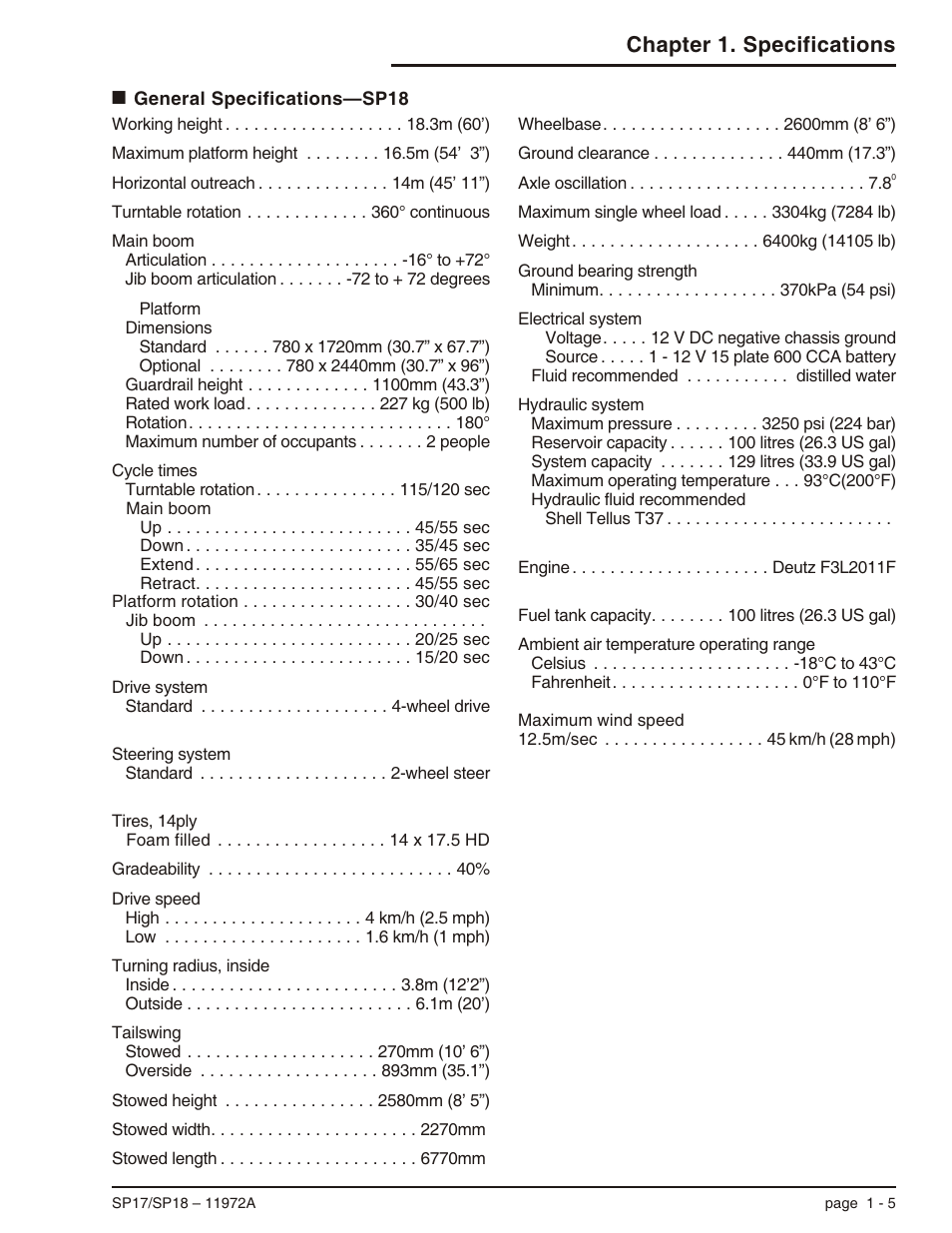 General specifications—sp18 1-5, General specifications—sp18 -5, Chapter 1. specifications | Snorkel SP18 User Manual | Page 13 / 69
